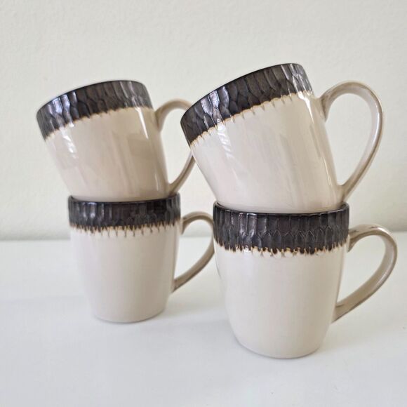 Crate & Barrel Ceramic Mugs Set of 4 Teal Bronze Textured Asian Style Mid Centur - Picture 3 of 13